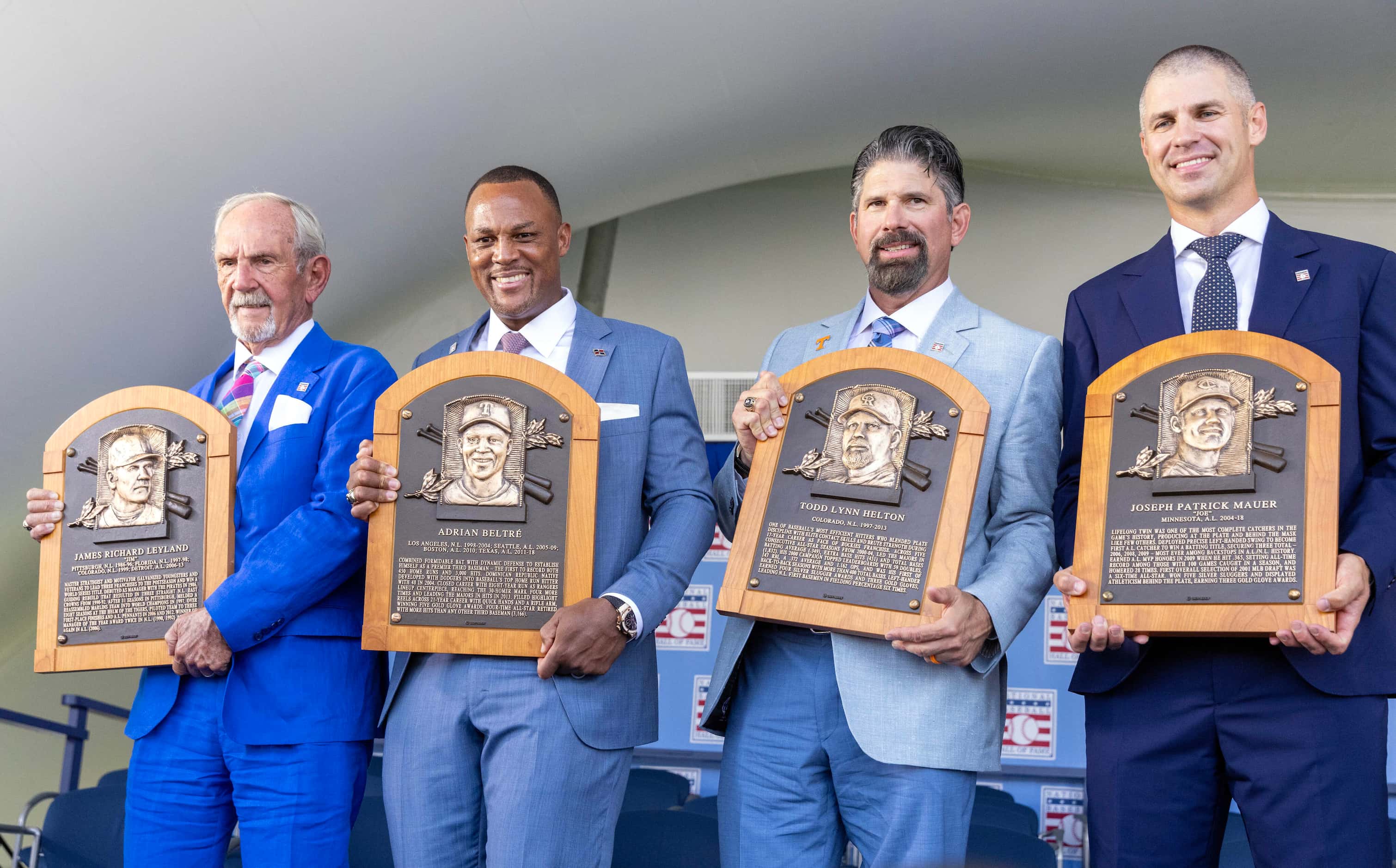 2024 National Baseball Hall of Fame inductees Jim Leyland (from left), Adrián Beltré, Todd...