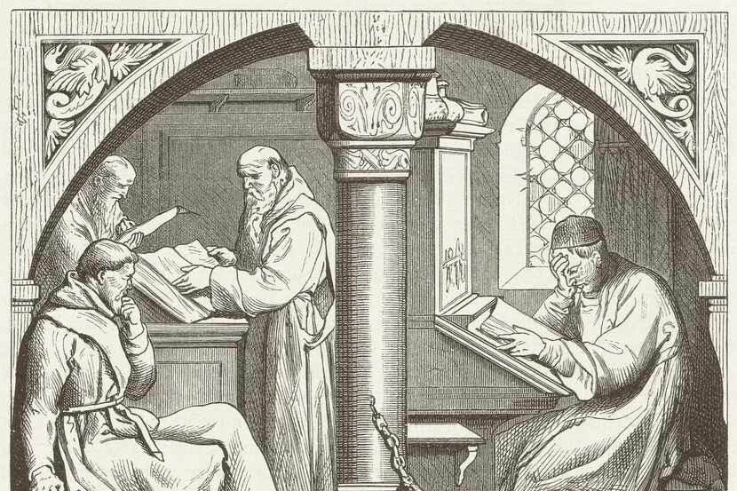 Mental work in a monastery in the time of the Middle Ages. Woodcut engraving, published in...
