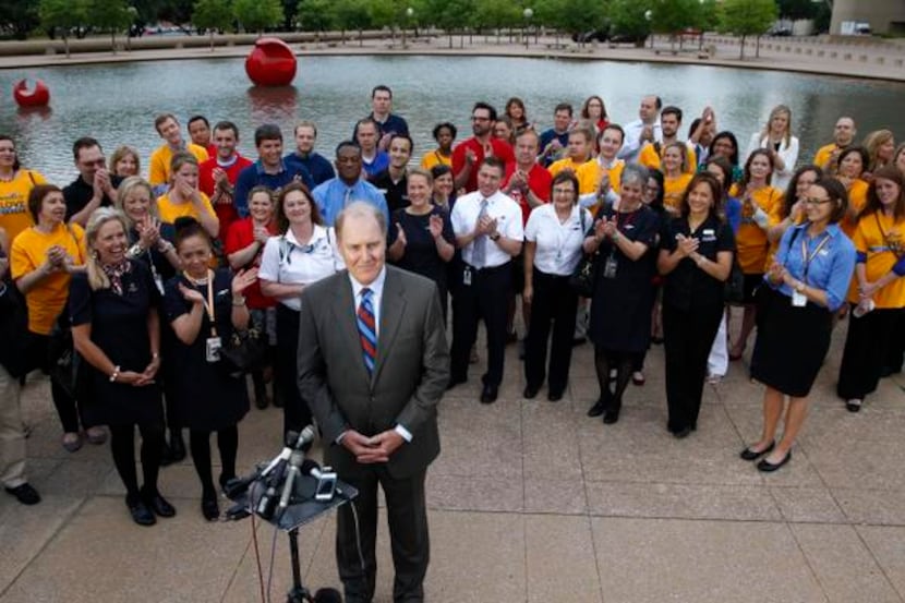 
Southwest Airlines CEO and Chairman Gary Kelly prepares to talk to the news media as SWA...