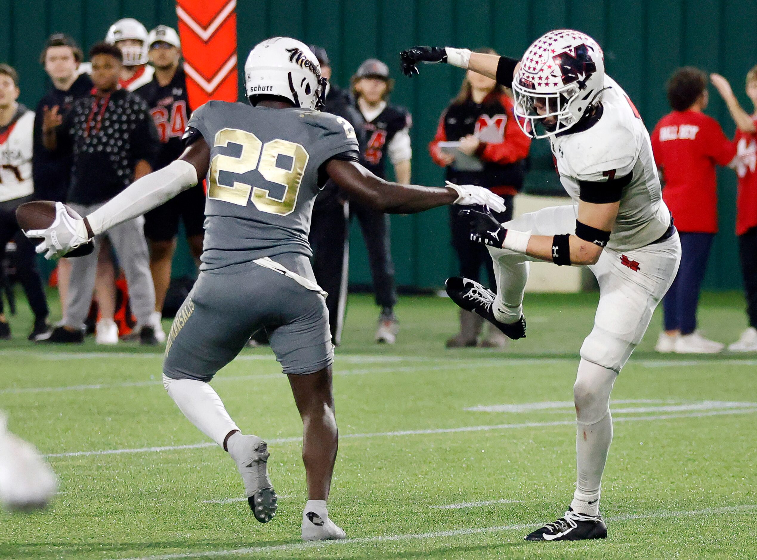 South Oak Cliff linebacker Jayden Shelton (29) intercepts a pass over the middle that was...