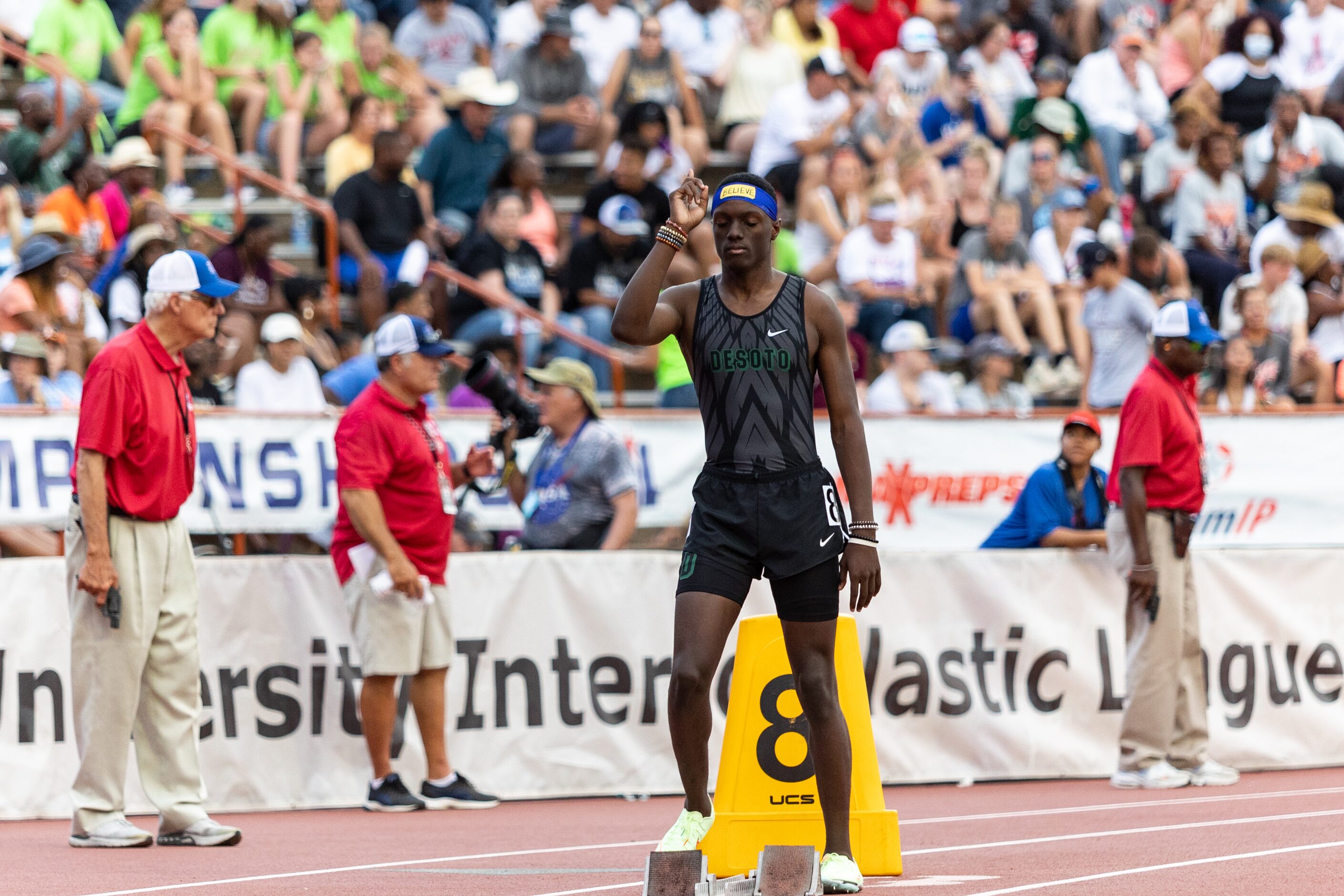 Jamari Harts of DeSoto prepares to race in the boys’ 400-meter dash at the UIL Track & Field...