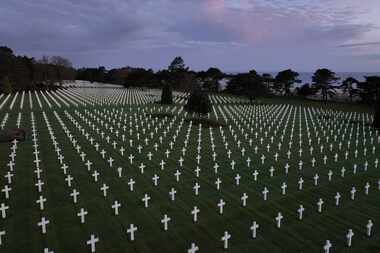 This photo taken on Wednesday, April 10, 2024, shows crosses of the US cemetery of...