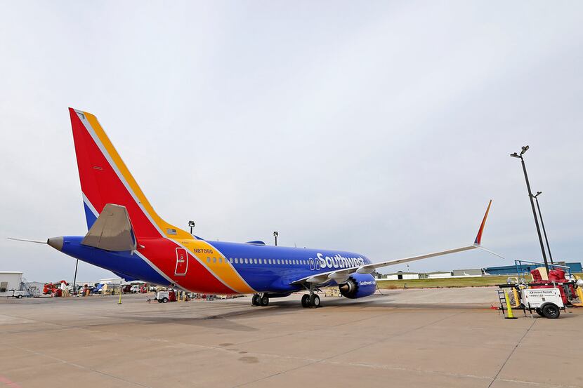 Southwest Airlines' new plane, the 737 Max, at headquarters in Dallas, Tuesday, Sept. 12,...
