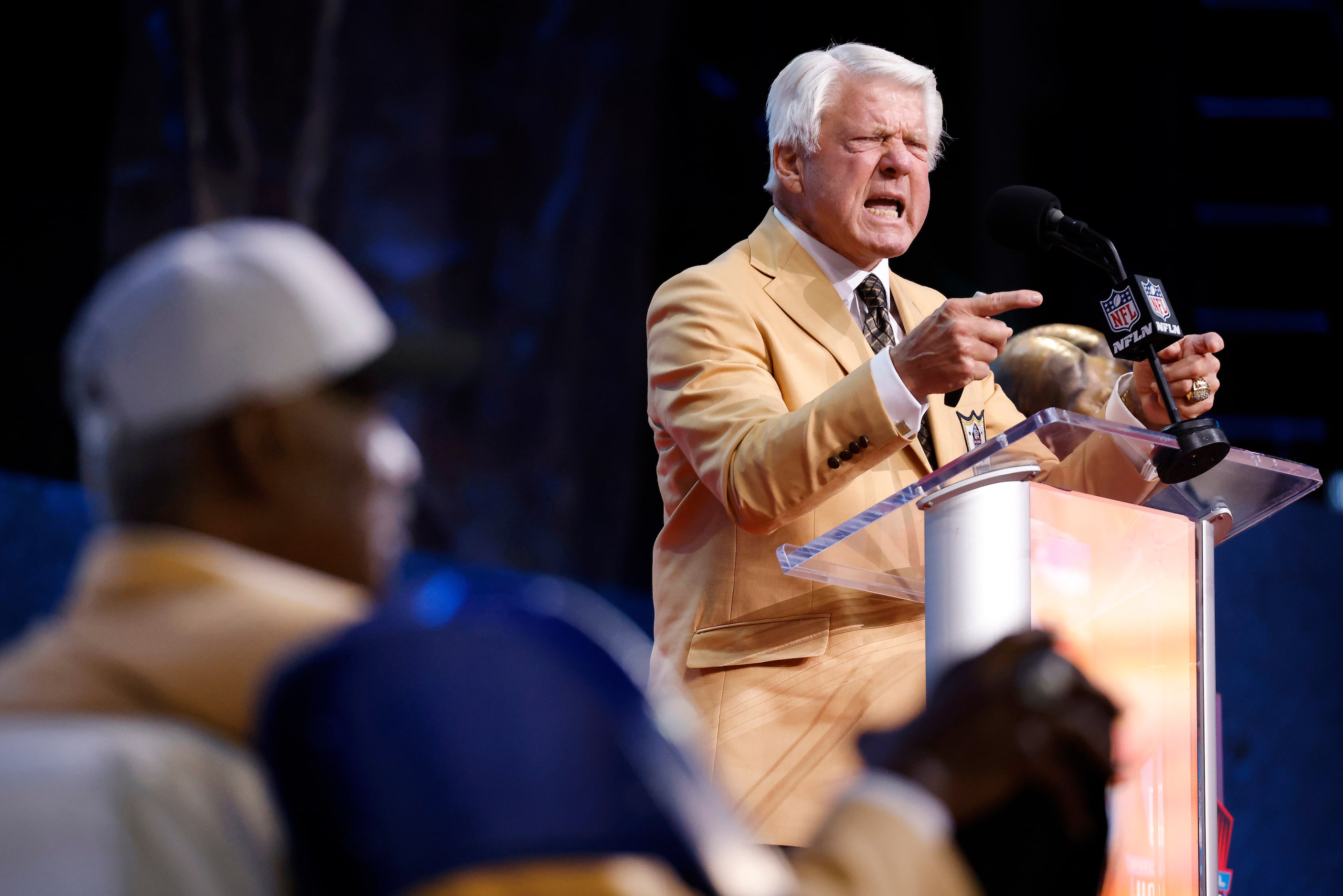 Pro Football Hall of Fame inductee Jimmy Johnson of the Dallas Cowboys delivers his speech...