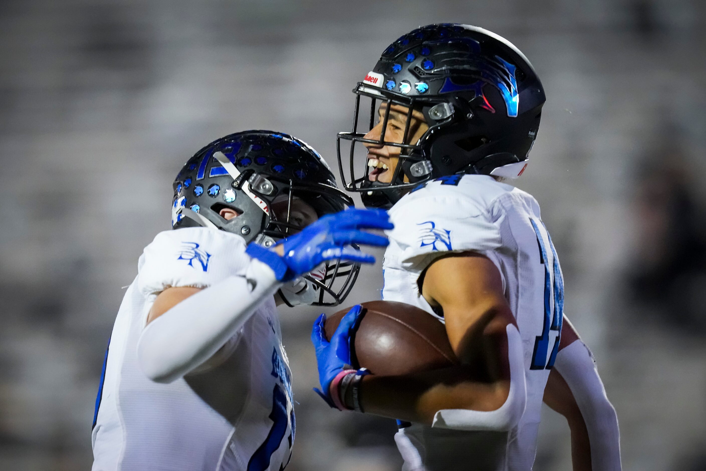 Trophy Club Byron Nelson wide receiver Landon Landon Ransom-Goelz (right) celebrates with...