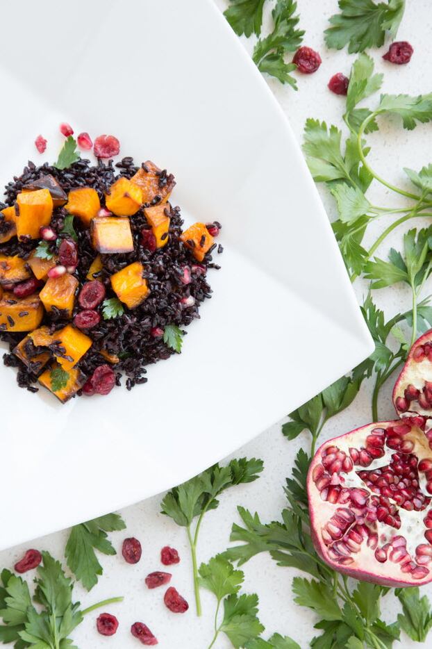 "Black Rice and Butternut Squash Salad with Cranberry and Pomegranate," prepared by...