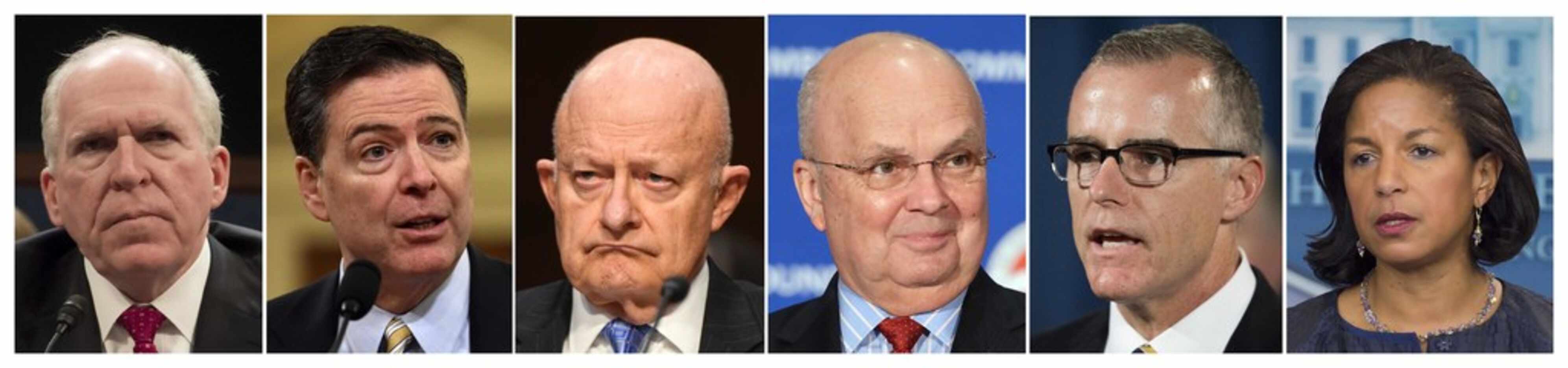 From left: Former CIA Director John Brennan; former FBI Director James Comey; former...