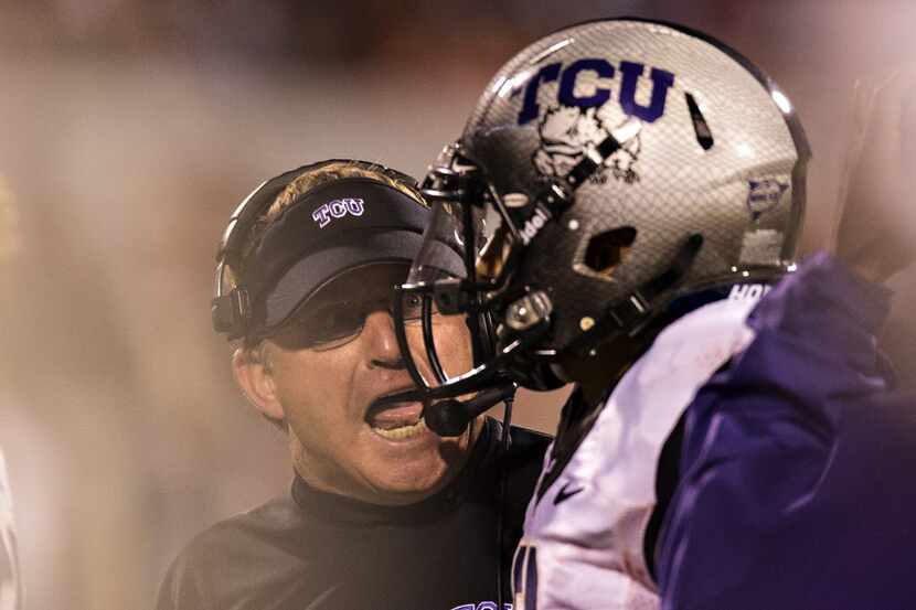 NORMAN, OK - OCTOBER 5:  Head Coach Gary Patterson of the TCU Horned Frogs yells at a player...