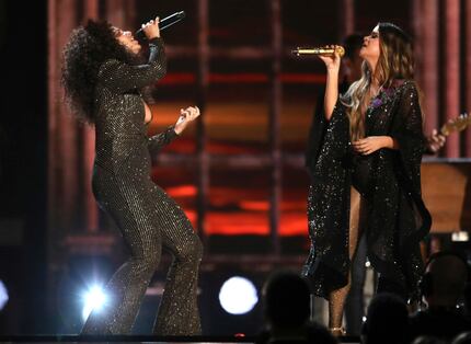 Alicia Keys, left, and Maren Morris perform "Once" at the 59th annual Grammy Awards on...