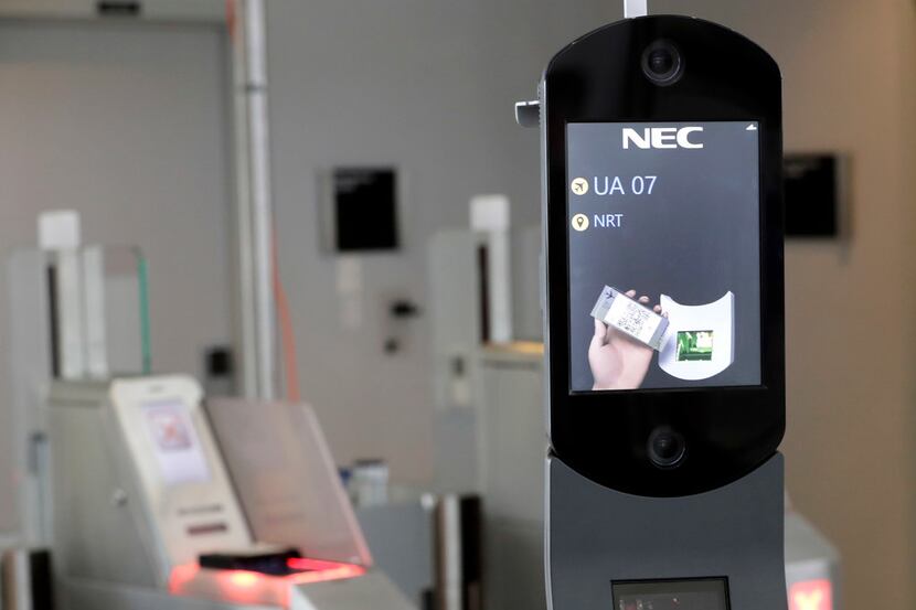 FILE - A U.S. Customs and Border Protection facial recognition device is ready to scan...