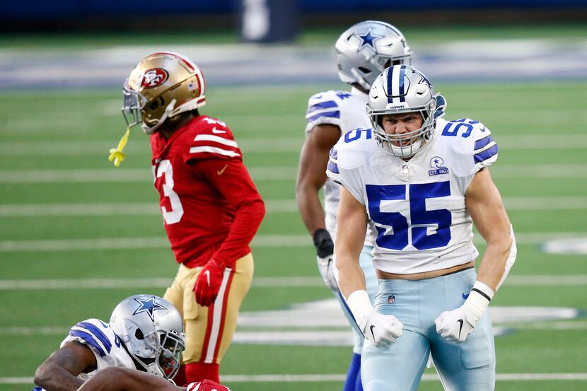 Dallas Cowboys outside linebacker Leighton Vander Esch (55) reacts after making a stop of...