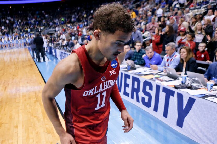 Oklahoma's Trae Young leaves the court after the NCAA men's college basketball tournament...