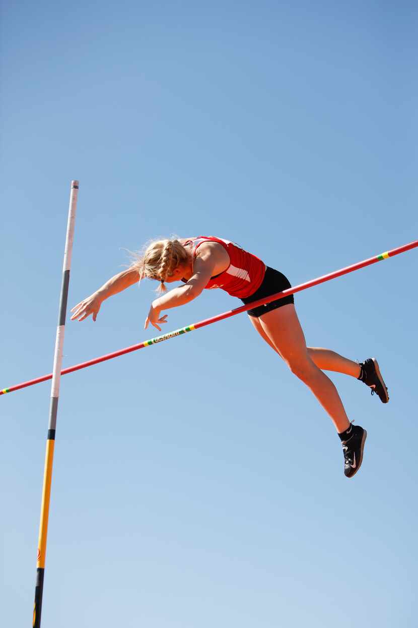 Grapevine's Zoe McKinley competes in the pole vault during the Texas Relays at the Mike A....