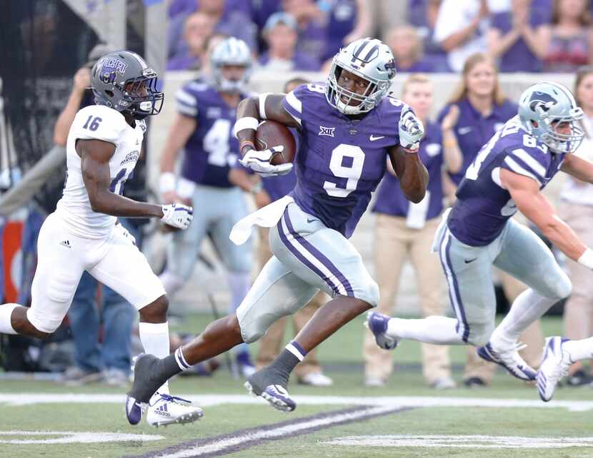 Kansas State wide receiver Byron Pringle (9) heads to the end zone with a 55-yard touchdown...