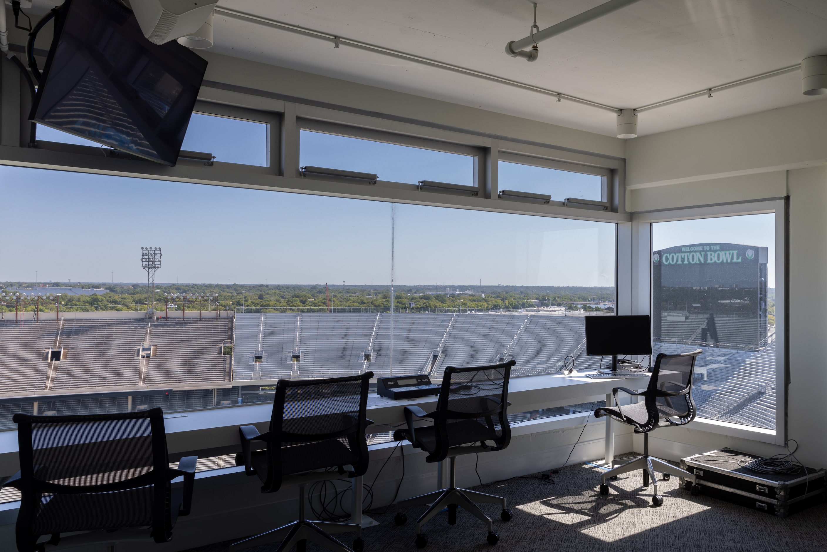 A broadcast studio in the Cotton Bowl at the State Fair of Texas in Dallas on Sept. 20, 2024.