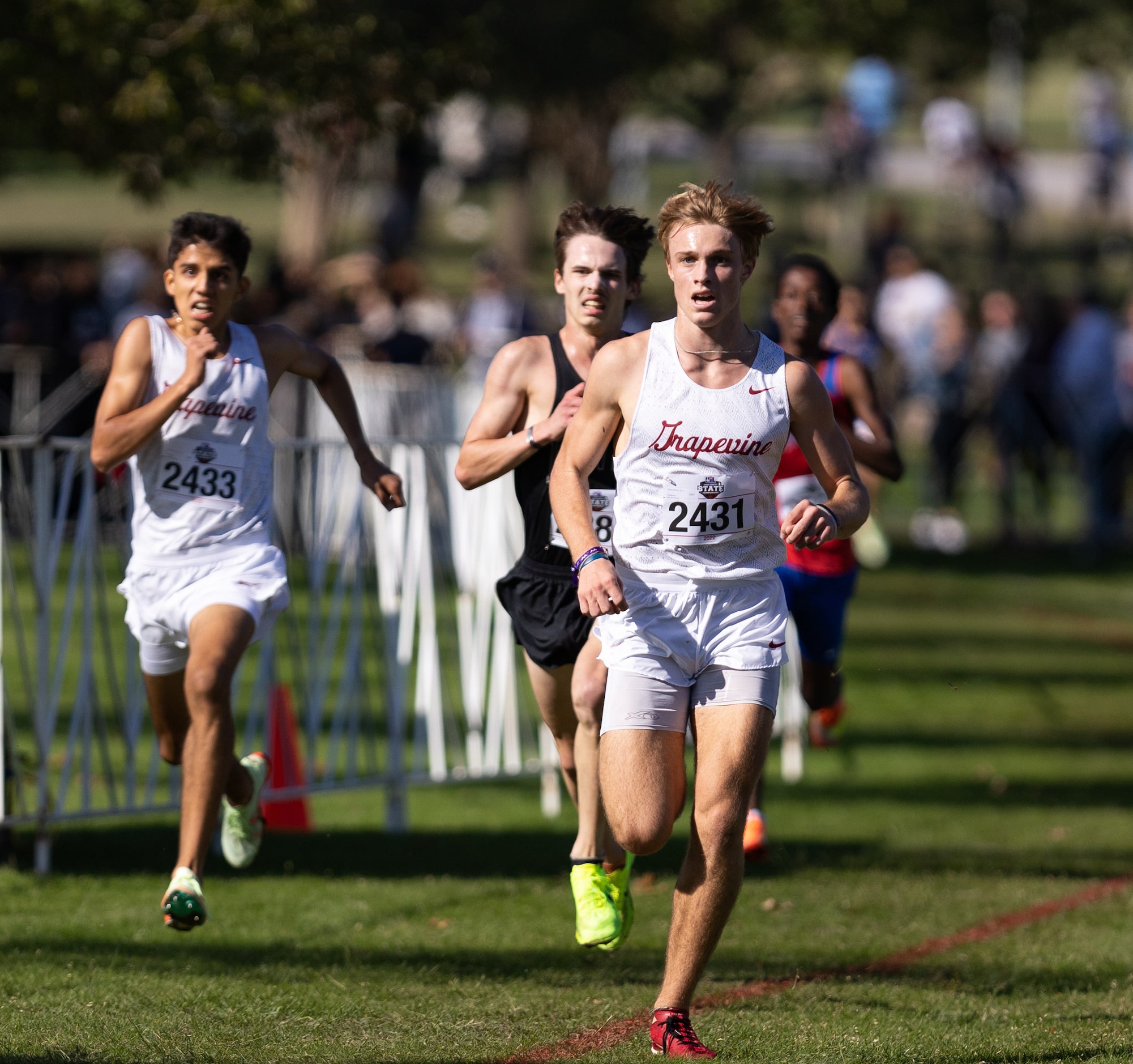 Adam Burlison of the Grapevine Mustangs runs toward the finish in the 5A boys’ 5k race...