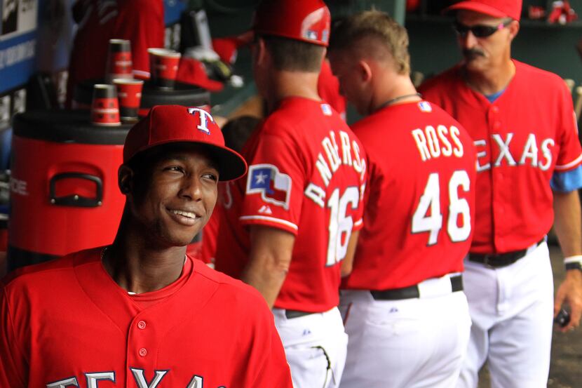 Texas Rangers shortstop Jurickson Profar (13) is pictured in the dugout during the Toronto...