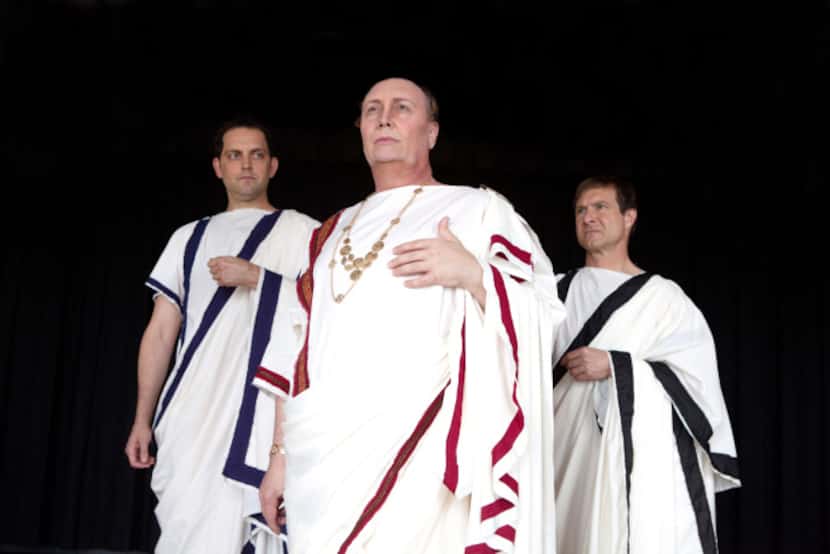 From left: Richard Haratine is Brutus, David Coffee is Caesar, Steven Pounders is Cassius in...