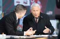 Lee Corso talks with Rece Davis during ESPN College GameDay on Beale Street before an NCAA...
