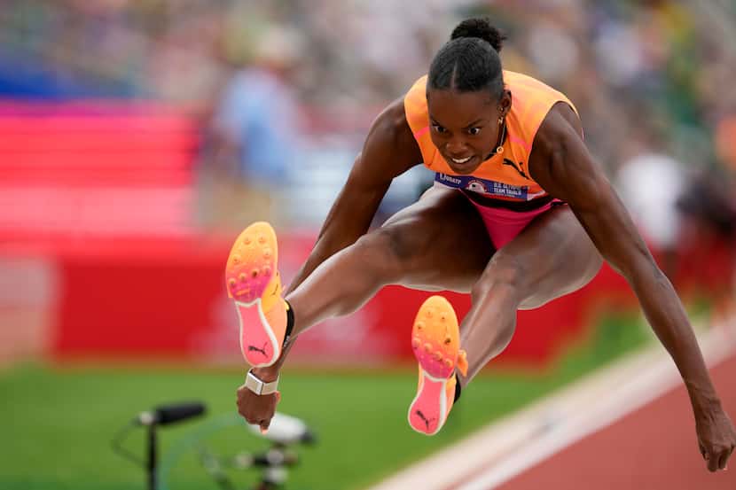 Jasmine Moore competes in the women's long jump final during the U.S. Track and Field...