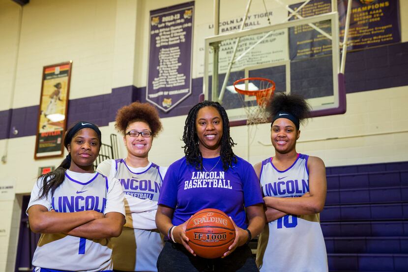 From left, Lincoln High School girls basketball player Alexis Brown, Alena Wilson, coach...