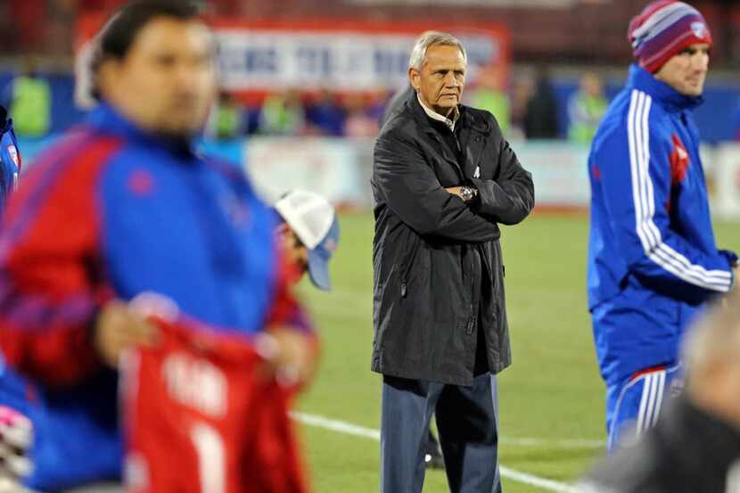 FC Dallas head coach Schellas Hyndman looks on as Chivas USA ties the score during the...