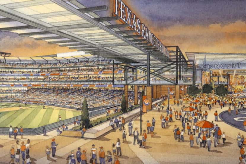 An artist rendering shows the outfield plaza of a new retractable roof ballpark (left) that...