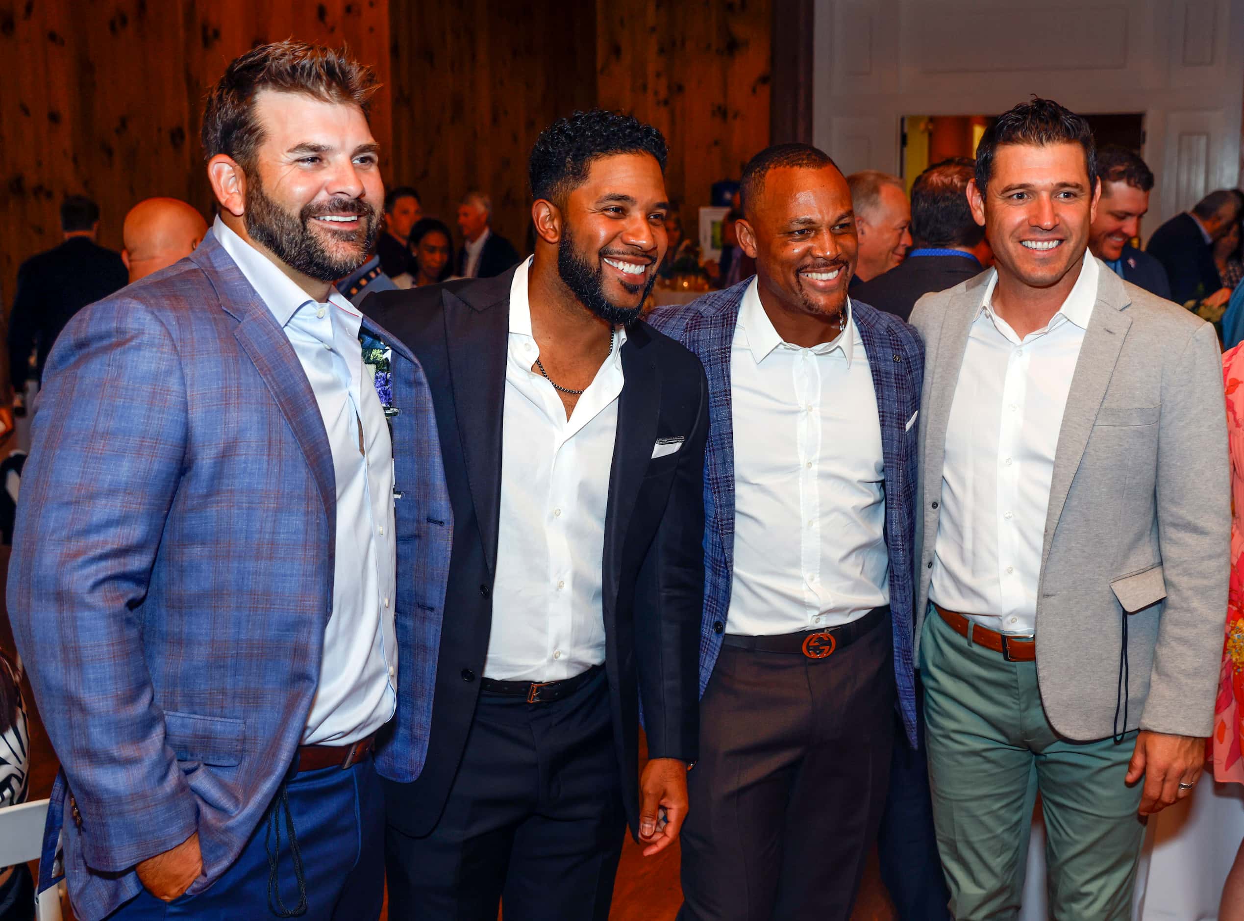 Former Texas Rangers players Mitch Moreland (from left), Elvis Andrus, Adrián Beltré and Ian...