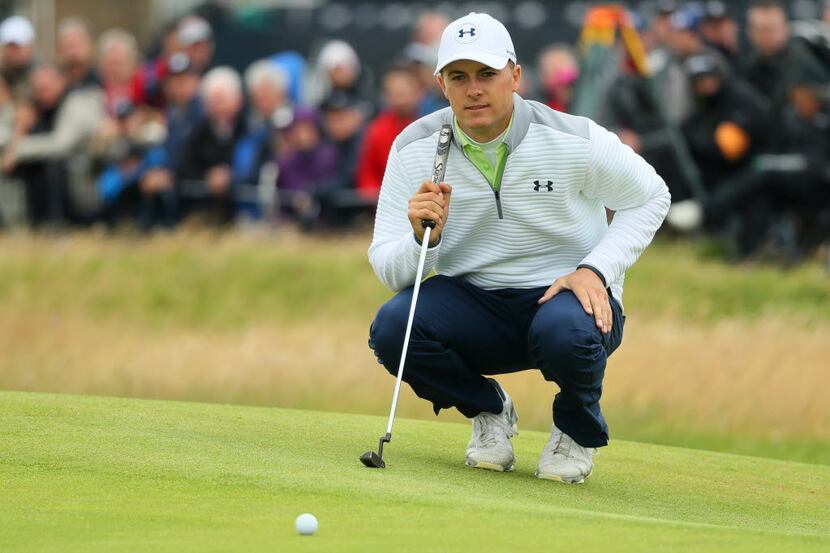 TROON, SCOTLAND - JULY 17:  Jordan Spieth of the United States lines up a putt on the 1st...