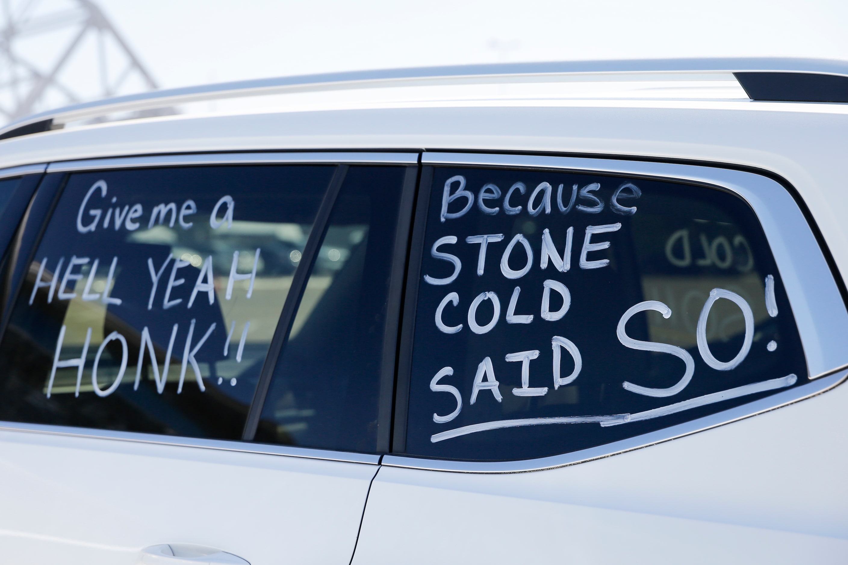 Window paint on a car documents a fan’s roadtrip outside WrestleMania 38 at AT&T Stadium in...