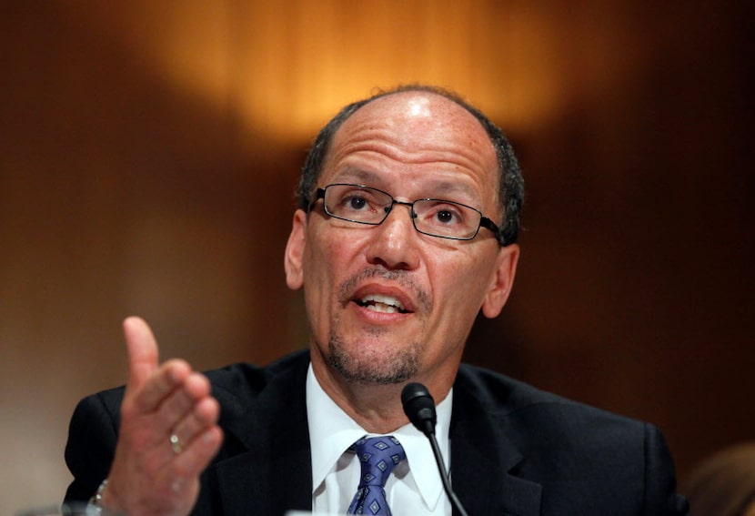 Labor Secretary Thomas Perez addresses members of Congress on Capitol Hill. (2013 File...