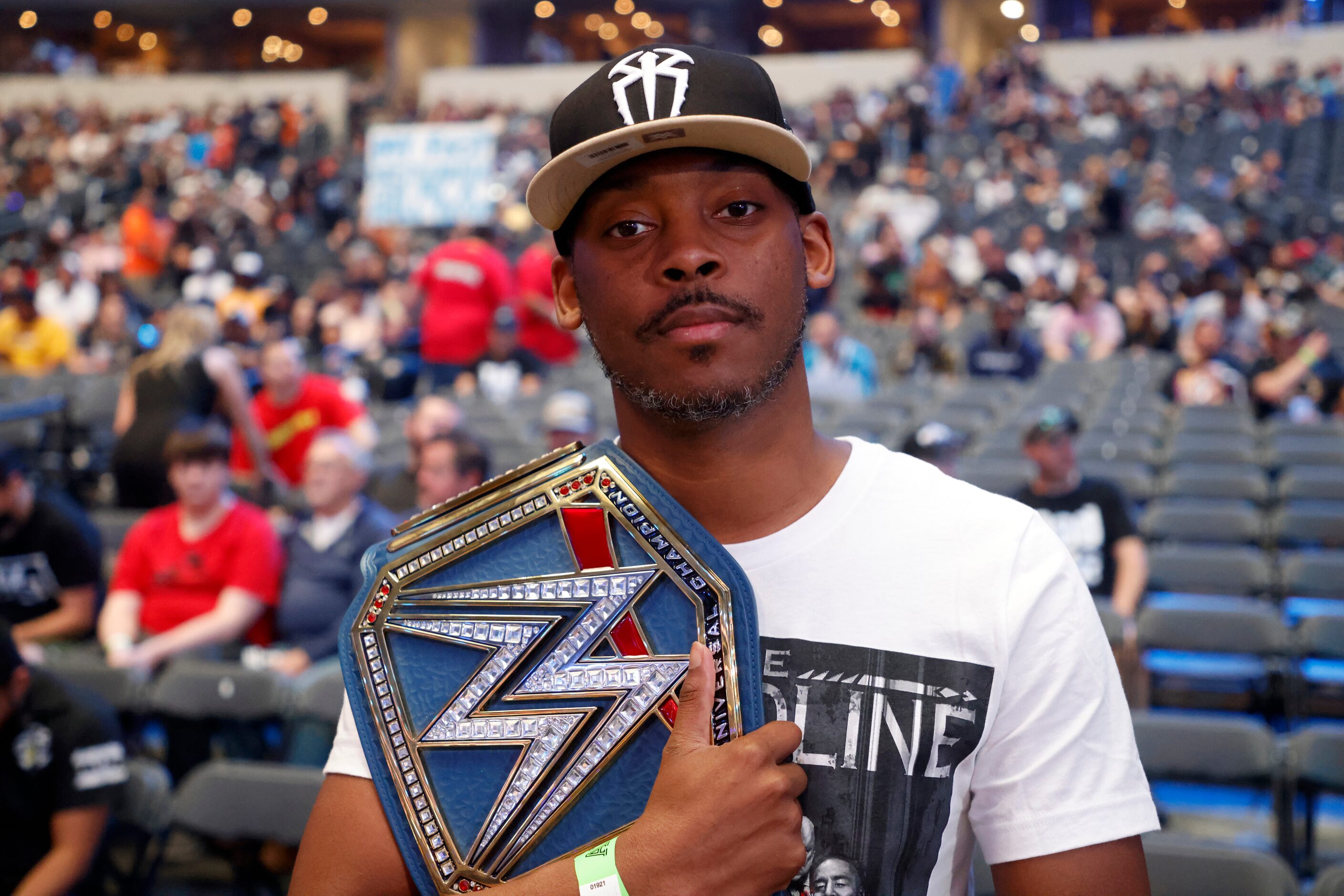 Branden Johnson of Houston sports the Universal Championship belt prior to WrestleMania in...