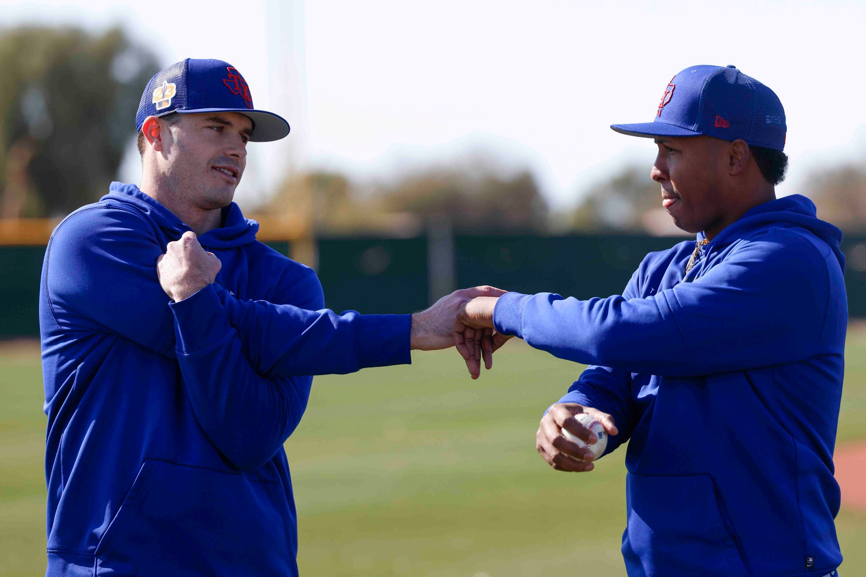 Texas Rangers left handed pitcher John King, left, and right handed pitcher Jose Leclerc...