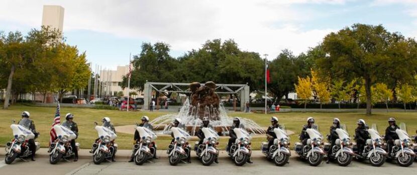 
Dallas motorcycle police lined up during a ceremony Saturday that paid tribute to veterans...