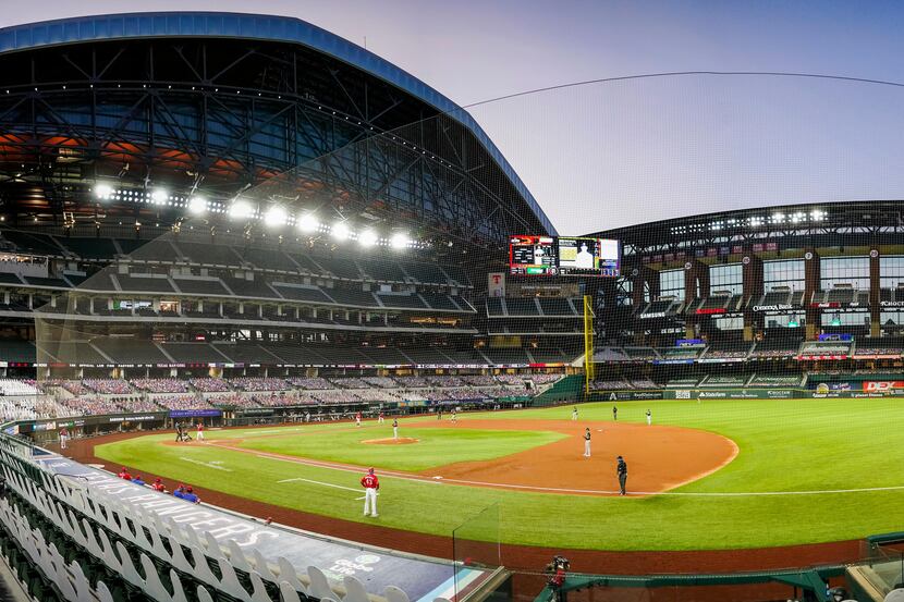 A panoramic view shows the roof open at the stadium as the Texas Rangers face the Oakland...