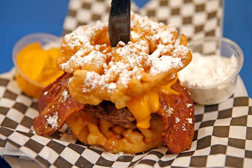 Funnel Cake Bacon Queso Burger by Tom Grace and Edna Sutton