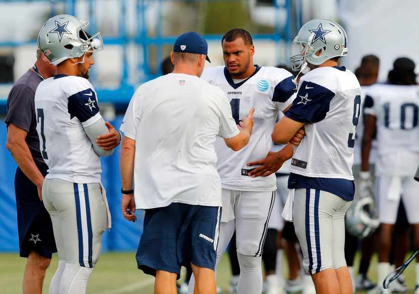 Dallas Cowboys offensive coordinator Scott Linehan (back to camera) visits with his...