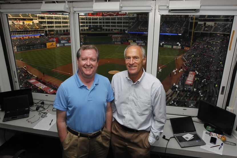 Texas Rangers broadcasters Matt Hicks and Eric Nadel at Rangers Ballpark in Arlington on...