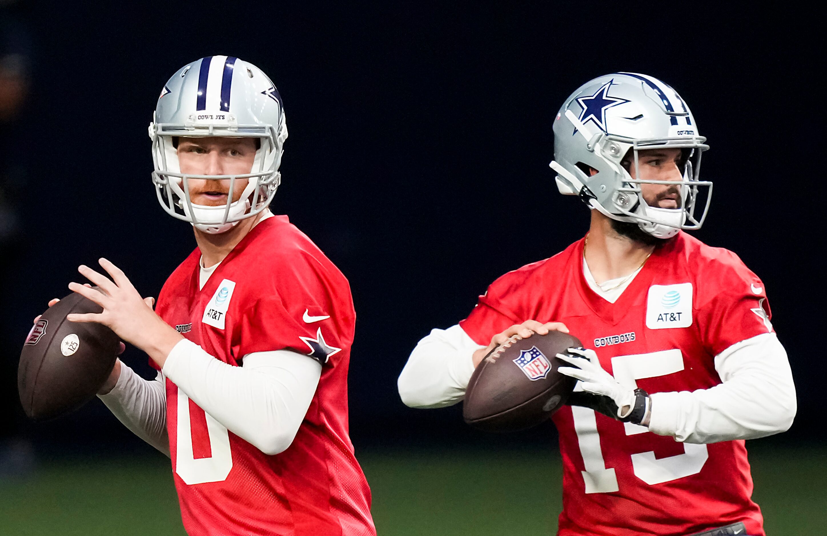 Dallas Cowboys quarterbacks Cooper Rush (10)  and Will Grier (15) participate in a drill...