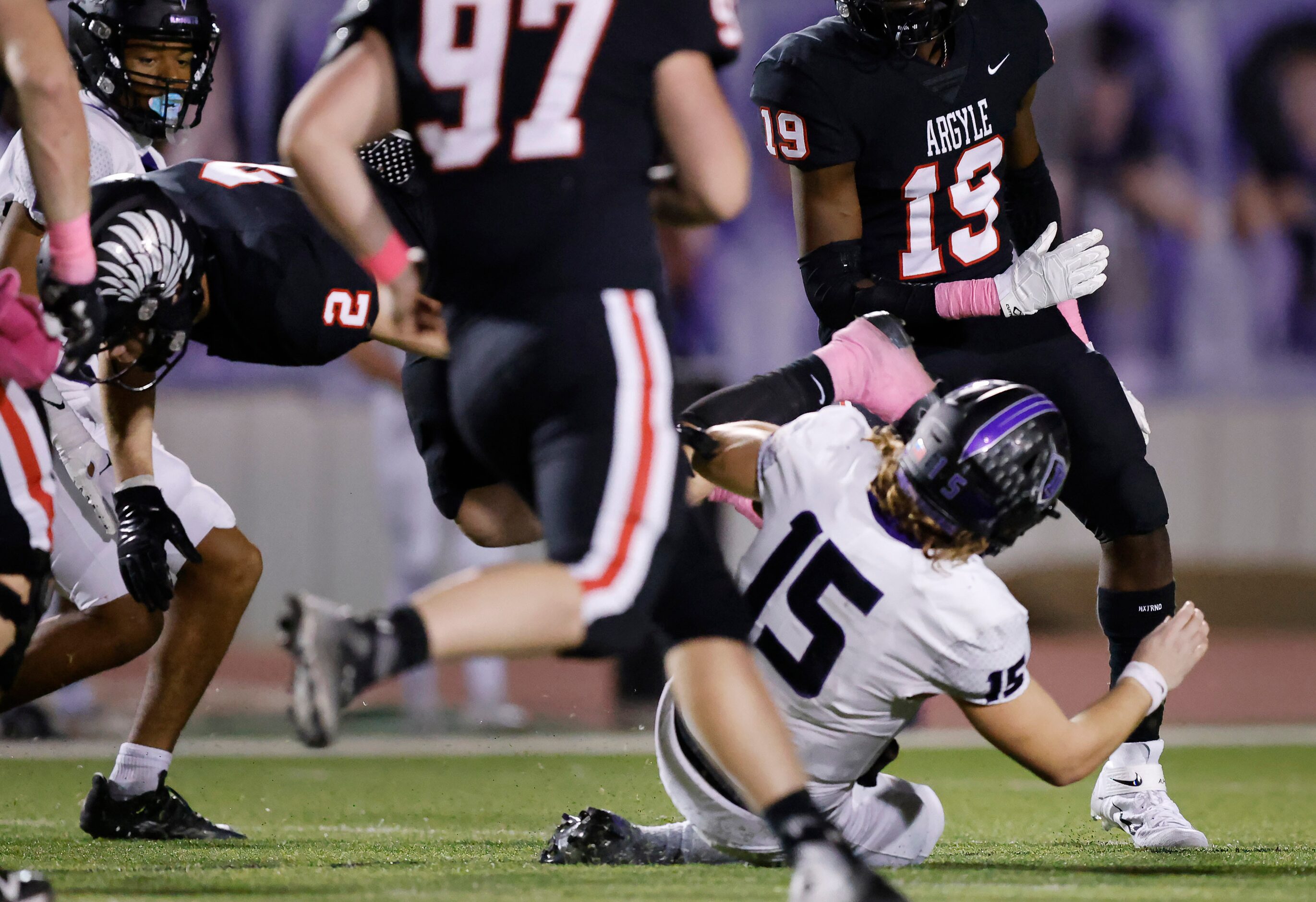 Frisco Independence quarterback Matteo Quattrin (15) appeared to get hit in the head by...