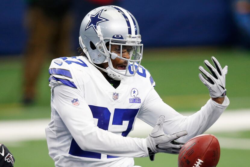 Dallas Cowboys cornerback Trevon Diggs (27) breaks up a pass intended for Atlanta Falcons...