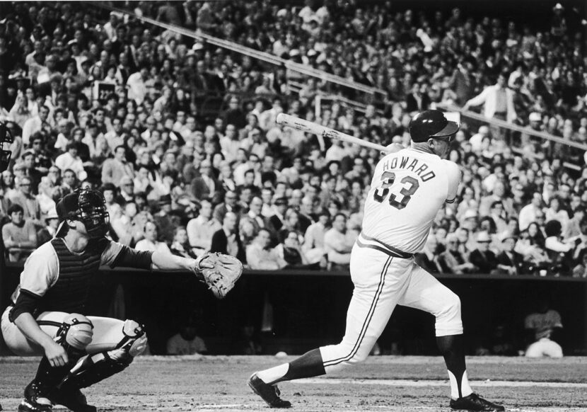 Texas Rangers’ Frank Howard, 33, blasts the first home run ever hit in Arlington Stadium....