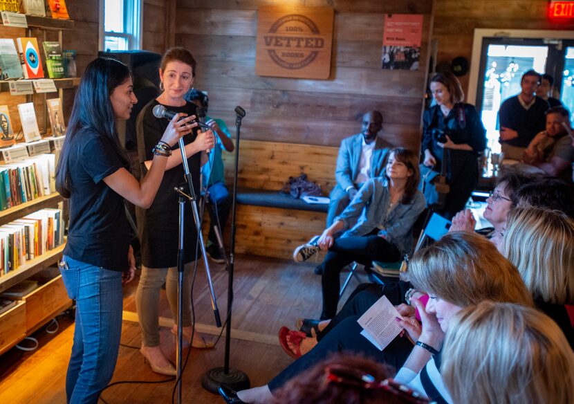 Aparna Kumar, left, and Anna Kuchment, hosts of “Story Collider" speak to the audience at...