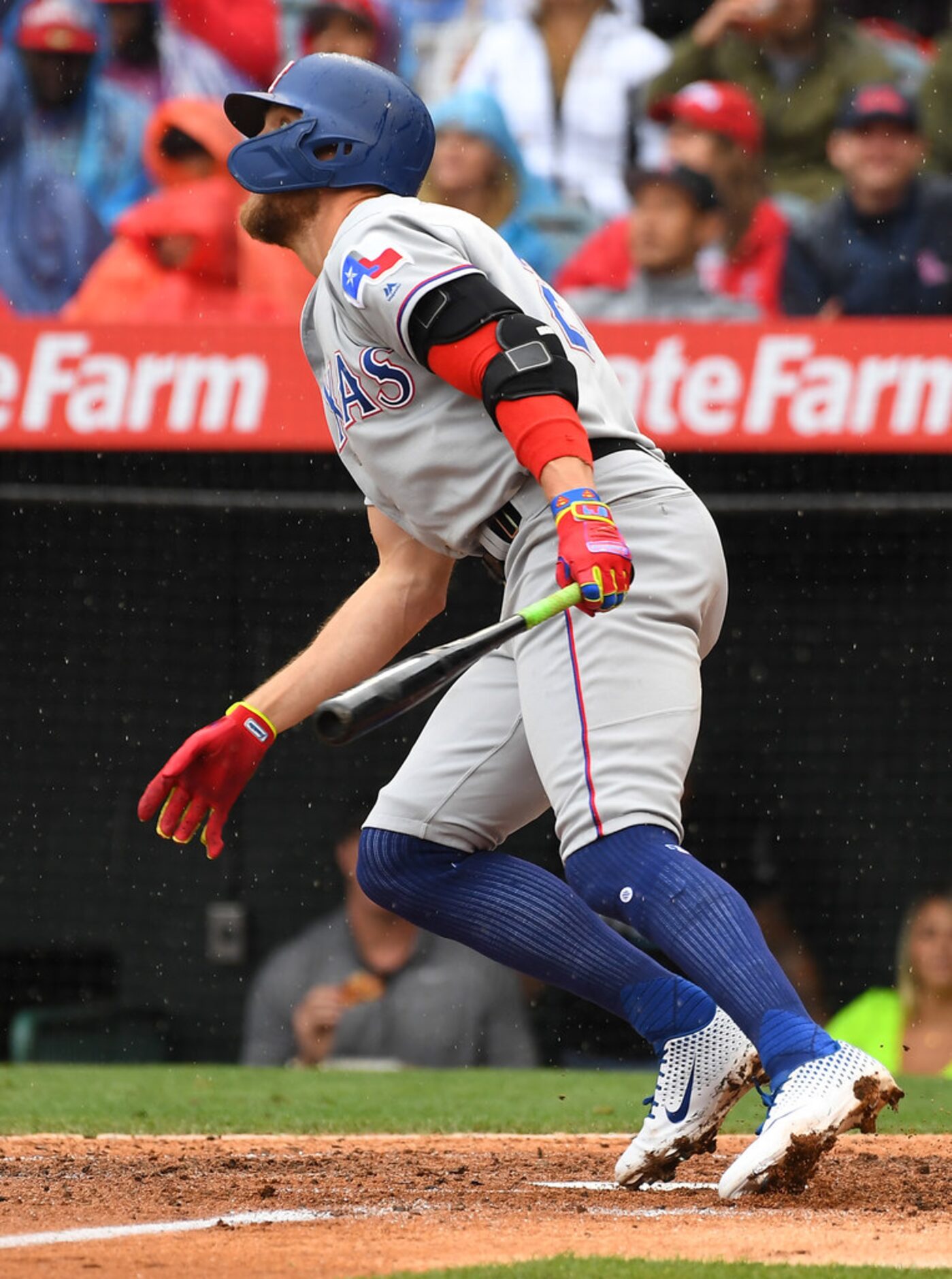 ANAHEIM, CA - MAY 26: Hunter Pence #24 of the Texas Rangers hits a solo home run in the...