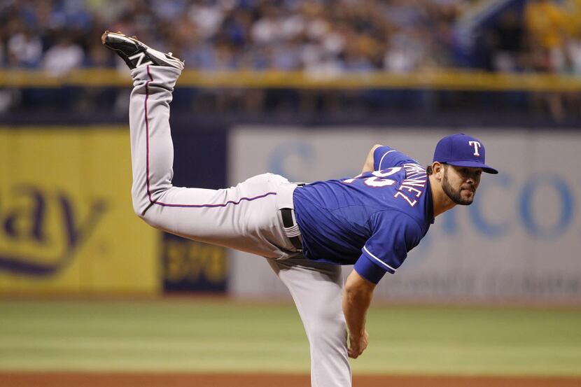 Apr 5, 2014; St. Petersburg, FL, USA; Texas Rangers starting pitcher Nick Martinez (22)...