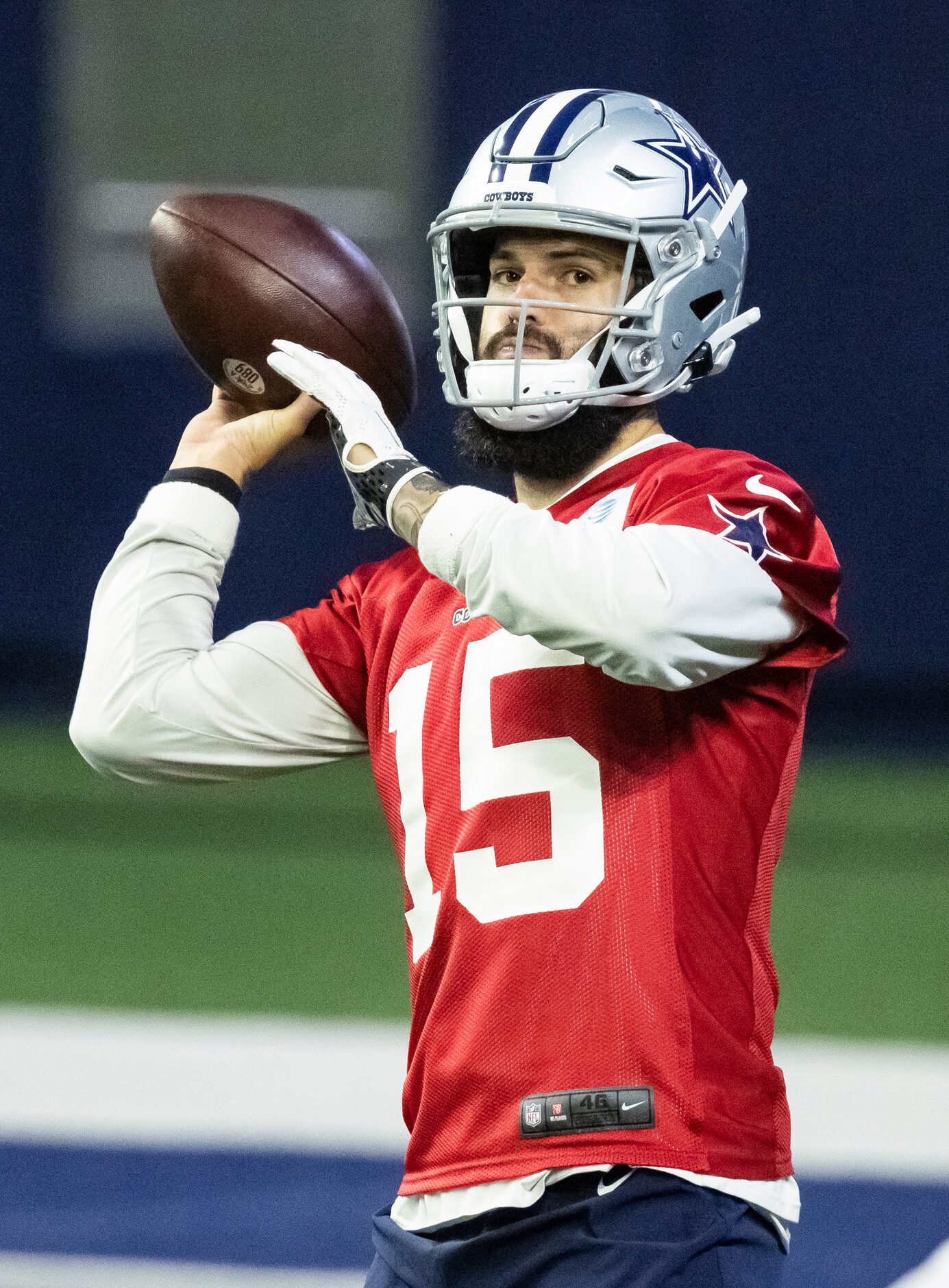 Dallas Cowboys quarterback Will Grier throws during practice at The Star in Frisco,...