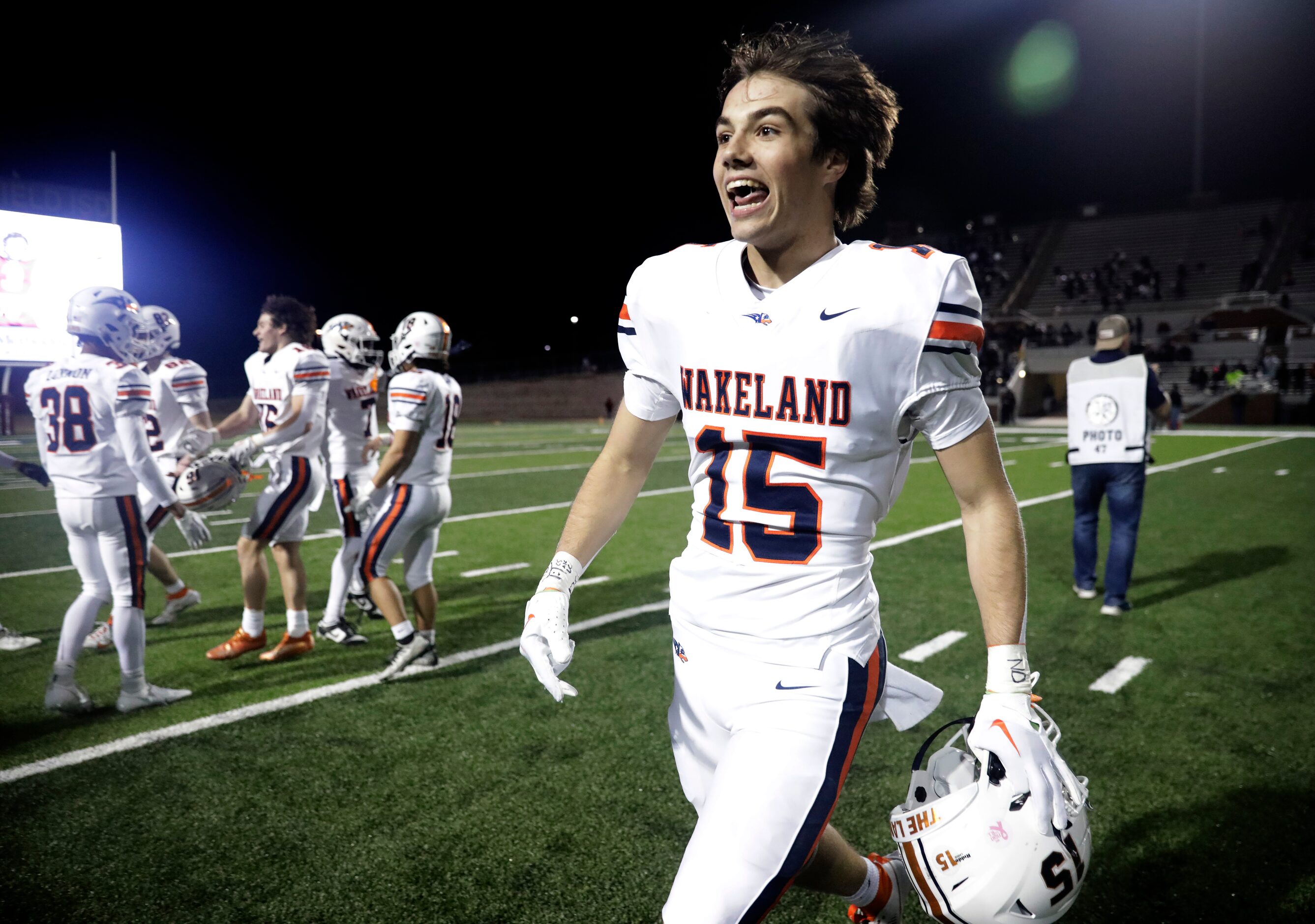 Frisco Wakeland’s Chase Cragun celebrates their Class 5A Division I bi-district playoff win...