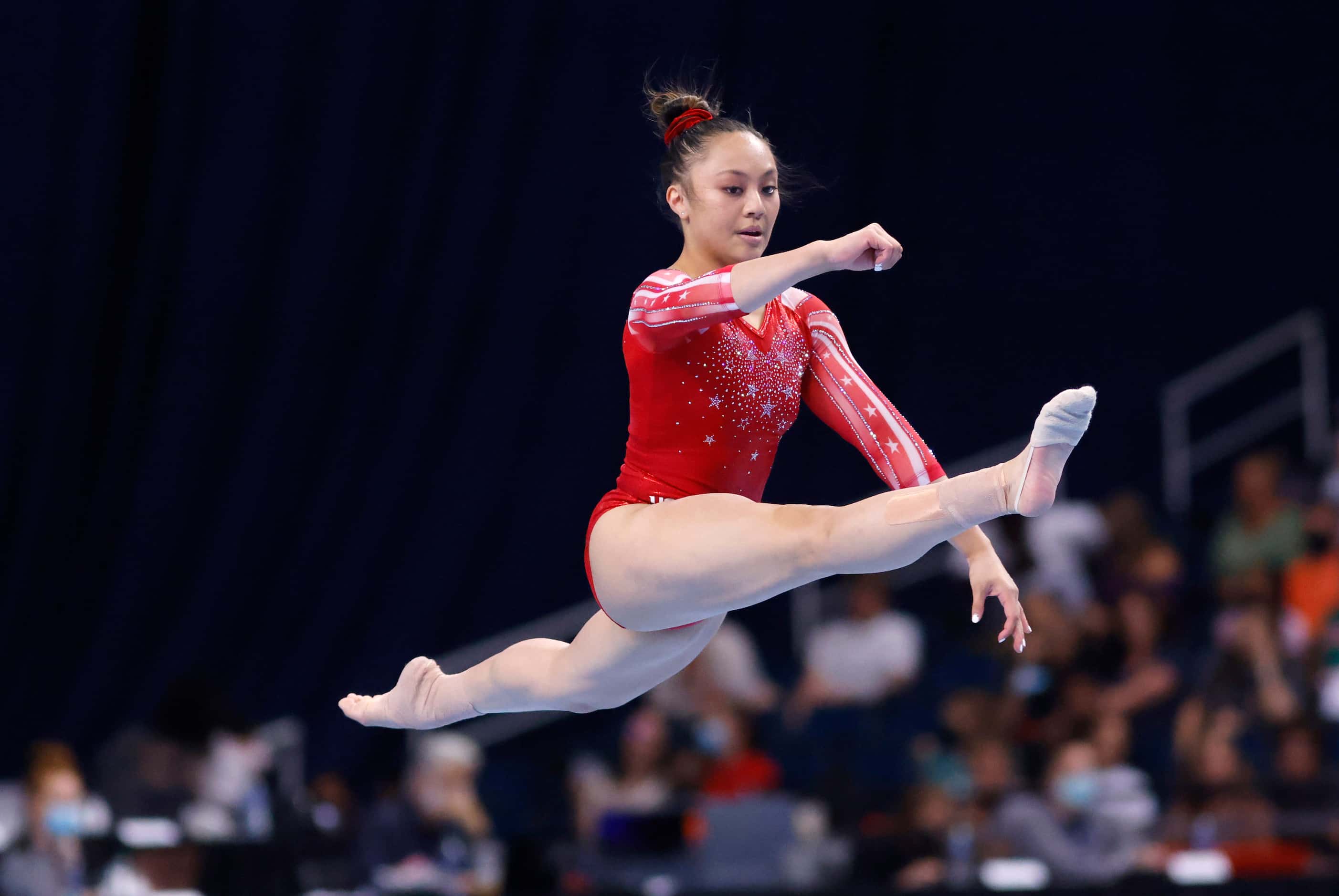 Emma Malabuyo during her floor routine during day 2 of the women's 2021 U.S. Olympic Trials...