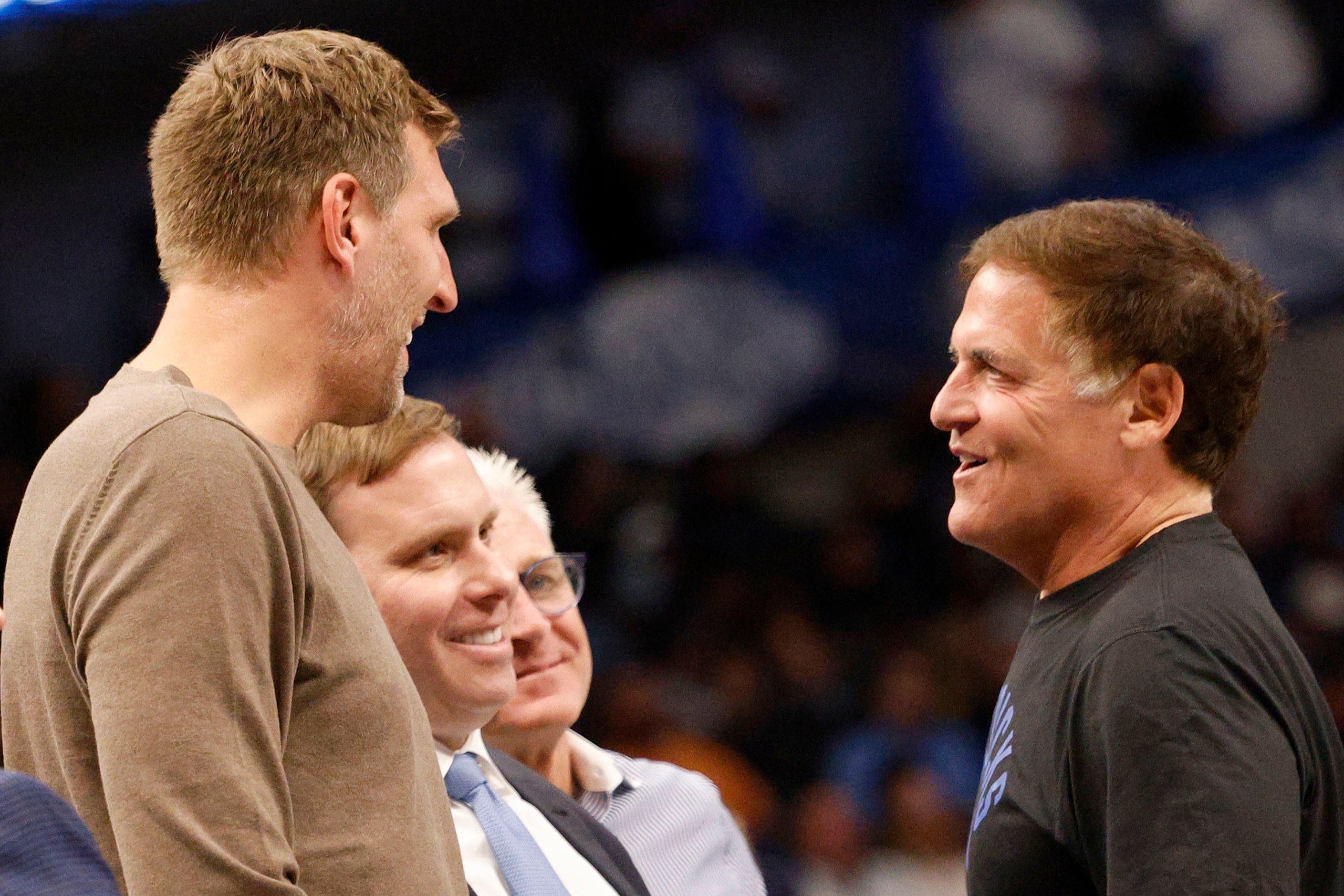 Dallas Mavericks legend Dirk Nowitzki, left, talks with Dallas Mavericks minority owner Mark...