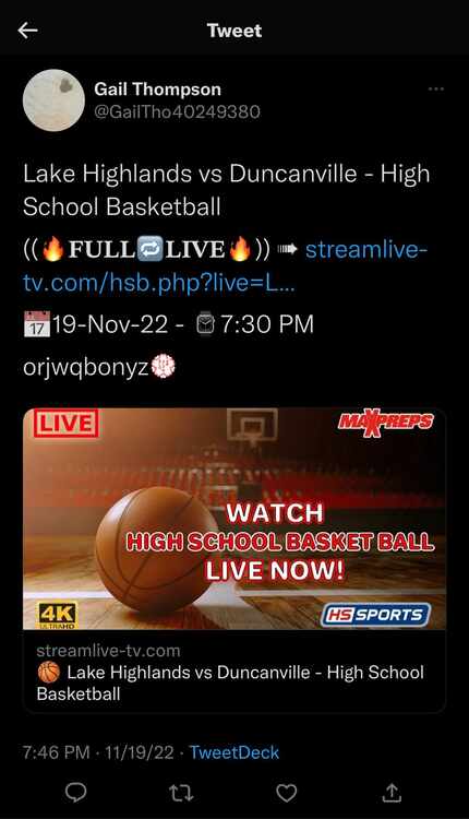 An example of a Twitter account that posted a spam link to a high school basketball livestream.
